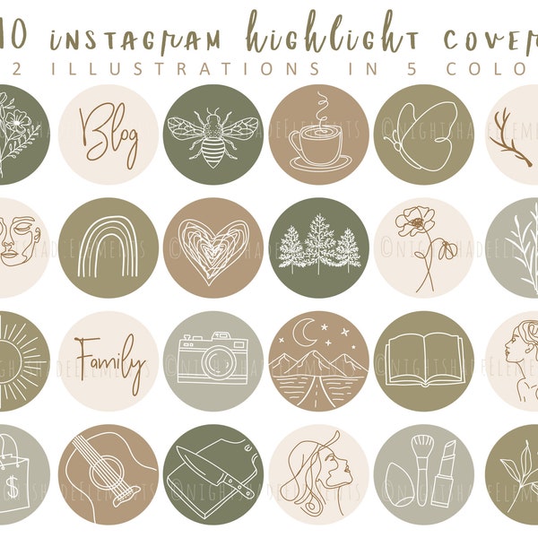 610 Boho Instagram Highlight Cover Icons Line Art Highlight Covers Earth Tone Icons Neutral Instagram Stories Nature Green Highlight Covers