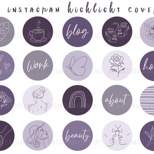 40 Line Art Instagram Highlight Cover Icons Boho Highlight Covers Purple Covers Neutral Instagram Stories Modern Story Highlight Covers