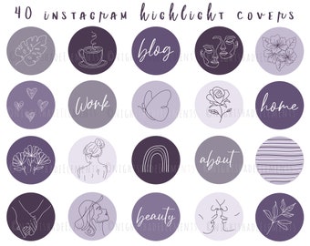 40 Line Art Instagram Highlight Cover Icons Boho Highlight Covers Purple Covers Neutral Instagram Stories Modern Story Highlight Covers