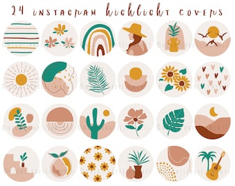 May include: A collection of 24 Instagram highlight covers with various boho-style illustrations. Designs include rainbows, flowers, suns, leaves, and geometric shapes in a neutral color palette with pops of teal and gold. Text at the top reads "24 Instagram Highlight Covers."