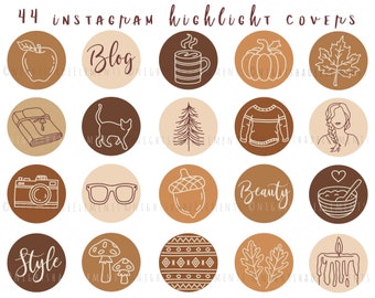 Könnte beinhalten: Set mit 44 Instagram-Highlight-Covern mit verschiedenen Illustrationen, darunter ein Blog, eine Eichel, Schönheit, Stil, eine Kerze und mehr. Die Cover sind in einem braunen und beigefarbenen Farbschema gehalten.