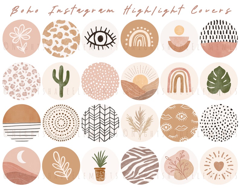 May include: Set of 16 boho Instagram highlight covers featuring various illustrations in neutral colors like brown, beige, and pink. The illustrations include a cactus, a flower, a rainbow, a sun, an eye, a leaf, and more.