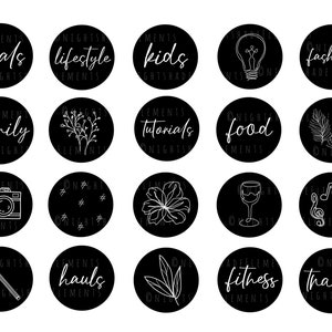 Puede incluir: Iconos gr&aacute;ficos en blanco y negro para los aspectos destacados de las redes sociales. Los iconos incluyen una c&aacute;mara, notas musicales, una copa de vino, una pluma, una bombilla, un l&aacute;piz, una flor, un hashtag y m&aacute;s.