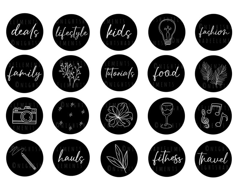 Puede incluir: Iconos gr&aacute;ficos en blanco y negro para los aspectos destacados de las redes sociales. Los iconos incluyen una c&aacute;mara, notas musicales, una copa de vino, una pluma, una bombilla, un l&aacute;piz, una flor, un hashtag y m&aacute;s.