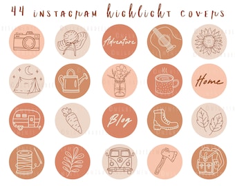 Könnte beinhalten: Set mit 12 Instagram-Highlight-Covern mit Boho-Ästhetik. Die Cover zeigen Illustrationen einer Kamera, eines Hutes, eines Zeltes, einer Gießkanne, einer Tasse, einer Sonnenblume, eines Wohnmobils, einer Karotte, eines Stiefels, von Blättern, einer Spule Garn, einem Zweig, eines Lieferwagens, einer Axt und eines Rucksacks. Die Cover sind in Braun- und Rosatönen gehalten.