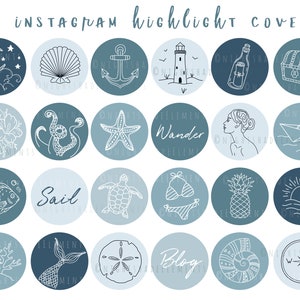 48 Nautical Instagram Highlight Cover Icons Line Art Highlight Covers Ocean Blue Icons Sea Instagram Stories Beach Highlight Icons Sailing image 1