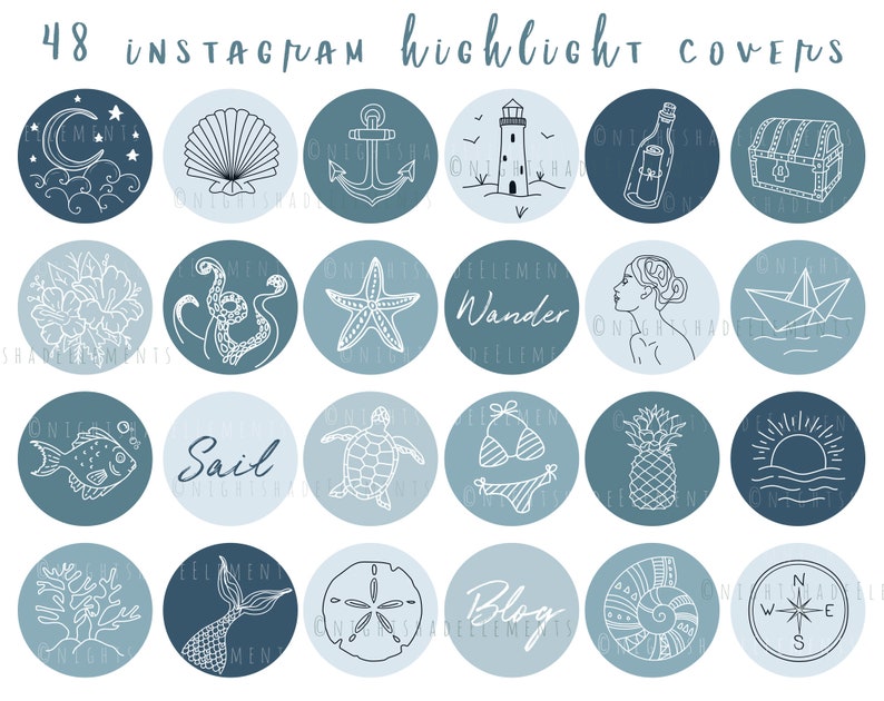 48 Nautical Instagram Highlight Cover Icons Line Art Highlight Covers Ocean Blue Icons Sea Instagram Stories Beach Highlight Icons Sailing image 1