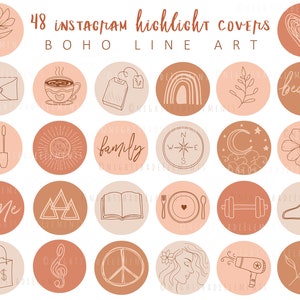 Könnte beinhalten: Set mit 48 Instagram-Highlight-Covern mit Boho-Linienkunst-Designs. Die Cover zeigen verschiedene Illustrationen, darunter ein Herz, einen Regenbogen, einen Kompass, einen Mond, eine Blume, eine Bergkette, ein Buch, einen Teller mit Gabel und Messer, eine Hantel, einen Kleiderbügel, eine Einkaufstasche, eine Musiknote, ein Peace-Zeichen, ein Frauen Gesicht und einen Föhn. Die Cover sind in einem Pfirsich- und Braunton gehalten.