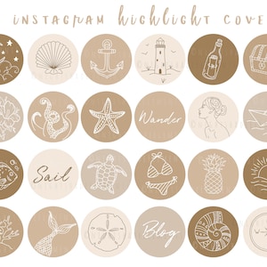 48 Nautical Instagram Highlight Cover Icons Brown Line Art Highlights Neutral Sea Icons Ocean Instagram Stories Beige Beach Highlight Icons