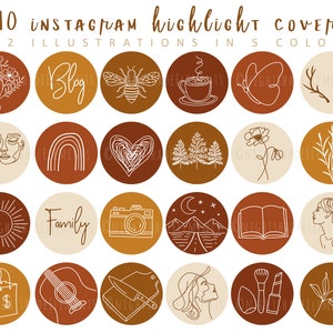 May include: Set of 18 Instagram highlight covers with various illustrations in a minimalist style. The illustrations include a bee, a coffee cup, a butterfly, antlers, a heart, a rainbow, a flower, a sun, a camera, mountains, a book, a woman's face, a shopping bag, a guitar, a knife, a makeup brush, and a lipstick. The covers are in a variety of colors, including brown, orange, and beige.