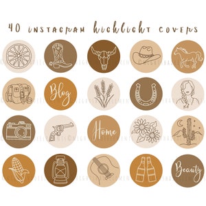 Könnte beinhalten: Set mit 40 Instagram-Highlight-Covern mit Western-Thema. Die Cover zeigen verschiedene Symbole, darunter ein Wagenrad, Cowboystiefel, einen Schädel, einen Cowboyhut, ein Pferd, einen Rucksack, das Wort "Blog", Weizen, ein Hufeisen, eine Frau mit Zöpfen, eine Kamera, einen Revolver, das Wort "Home", Sonnenblumen, einen Kaktus, Mais, eine Laterne, eine Gitarre und zwei Bierflaschen. Die Cover sind in einem braunen und beigefarbenen Farbschema gehalten.