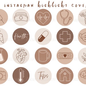 May include: Set of 40 brown and beige Instagram highlight covers with various health-related icons, including a heart, a stethoscope, a pill, a cross, a mask, a thermometer, a house, and a brain. The text "Health" and "Tips" are also included.