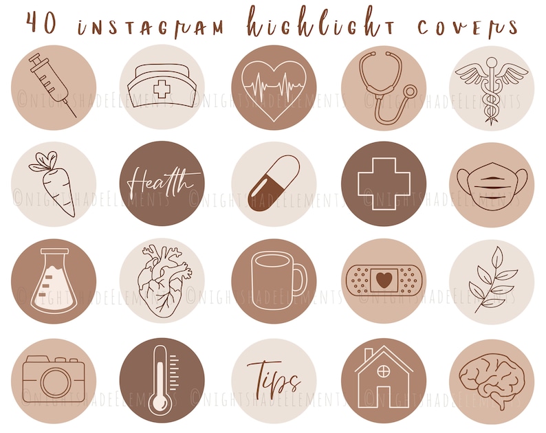 May include: Set of 40 brown and beige Instagram highlight covers with various health-related icons, including a heart, a stethoscope, a pill, a cross, a mask, a thermometer, a house, and a brain. The text "Health" and "Tips" are also included.