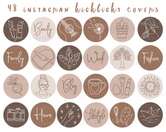 Könnte beinhalten: Set mit 48 Instagram-Highlight-Covern mit verschiedenen Illustrationen im minimalistischen Stil. Die Illustrationen beinhalten eine Topfpflanze, eine Sonnenblume, eine Kamera, einen Make-up-Pinsel, einen Baum, eine Gitarre, ein Herz, ein Messer, eine Rote Bete, eine Frau mit Brille, ein Papierflugzeug, einen Schneebesen, eine Hand mit Sternen und Text wie "Beauty", "Family", "Work", "Fashion", "Blog", "Home" und "Lifestyle".