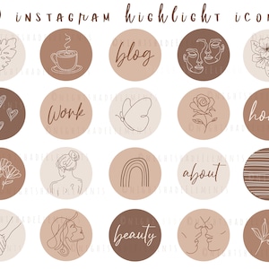 Könnte beinhalten: Set mit 20 braunen und beigefarbenen runden Instagram-Highlight-Icons mit verschiedenen Strichzeichnungen. Die Icons beinhalten eine Kaffeetasse, einen Schmetterling, eine Rose, einen Regenbogen, ein Herz, ein Blatt und mehr.