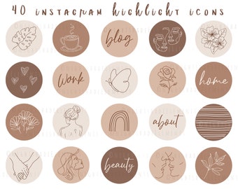 Könnte beinhalten: Set mit 20 braunen und beigefarbenen runden Instagram-Highlight-Icons mit verschiedenen Strichzeichnungen. Die Icons beinhalten eine Kaffeetasse, einen Schmetterling, eine Rose, einen Regenbogen, ein Herz, ein Blatt und mehr.