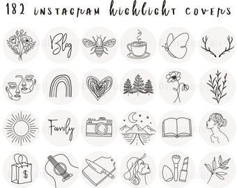 Könnte beinhalten: Set mit 18 Schwarz-Weiß-Linienkunst-Instagram-Highlight-Covern. Die Cover zeigen verschiedene Designs, darunter eine Biene, eine Kaffeetasse, einen Schmetterling, Geweih, einen Regenbogen, ein Herz, Bäume, eine Blume, Äste, eine Sonne, das Wort "Familie", eine Kamera, eine Berglandschaft, ein Buch, ein Frauengesicht, eine Einkaufstasche mit einem Dollarzeichen, eine Gitarre, ein Messer, ein Frauengesicht, einen Make-up-Pinsel und Lippenstift sowie ein Blatt.