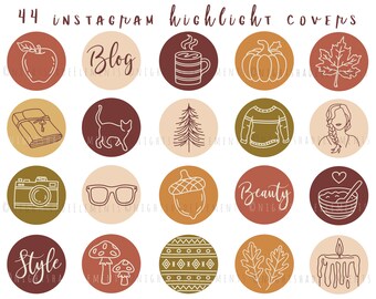 May include: Set of 44 Instagram highlight covers with hand-drawn illustrations in a warm color palette. Designs include an apple, coffee mug, pumpkin, leaf, book, cat, sweater, camera, glasses, acorn, and more. Text includes "Blog" and "Beauty".