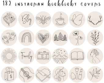 182 icônes de couverture de surbrillance Instagram bohème neutre Dessin au trait minimaliste couvertures de surbrillance marron gris beige Histoires IG Lifestyle Marque d&#39;influenceurs