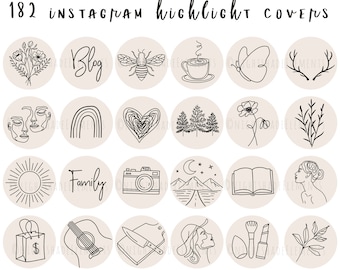 182 Neutral Boho Instagram Highlight Cover Icons Minimal Line Art Highlight Covers Braun Grau Beige IG Stories Lifestyle Influencer Branding