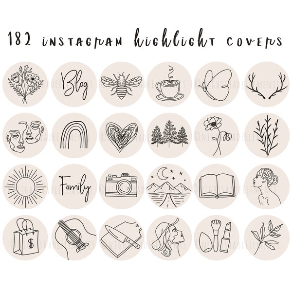 182 Neutral Boho Instagram Highlight Cover Icons Minimal Line Art Highlight Covers Brown Grey Beige IG Stories Lifestyle Influencer Branding