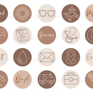 May include: Set of 16 brown and beige social media icons with various illustrations, including a sun, glasses, soap, a crescent moon, a drop of water, an envelope, a location pin, a plane, a first aid kit, and a comb. The icons are designed for use on Instagram and other social media platforms.