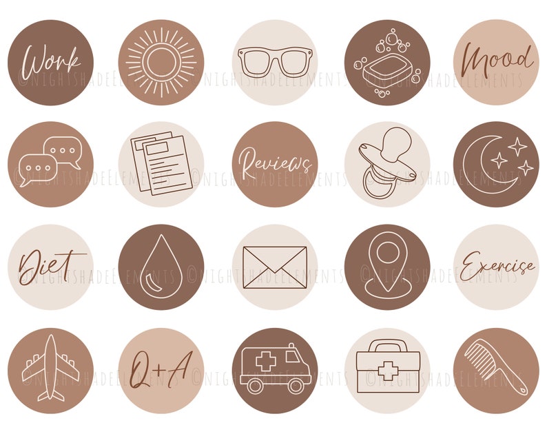 May include: Set of 16 brown and beige social media icons with various illustrations, including a sun, glasses, soap, a crescent moon, a drop of water, an envelope, a location pin, a plane, a first aid kit, and a comb. The icons are designed for use on Instagram and other social media platforms.