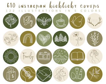 610 Boho Instagram Highlight Cover Icons Line Art Highlight Covers Earth Tone Icons Neutral Instagram Stories Nature Green Highlight Covers