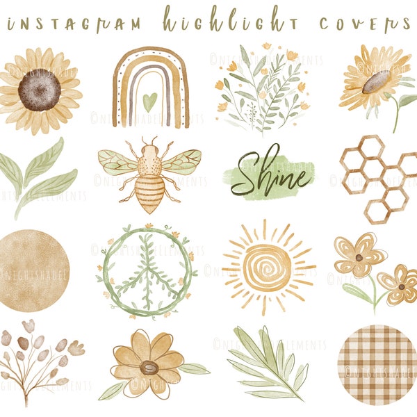 Boho Instagram Highlight Covers 17 Brown Icons Green Covers Neutral Instagram Story Icons Watercolor Floral Story Covers Sunflower Icons