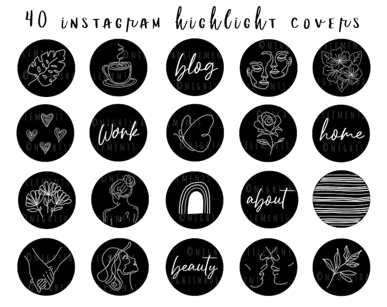 Puede incluir: Conjunto de 40 cubiertas de resaltado de Instagram en blanco y negro con varios dise&ntilde;os de arte lineal. Los dise&ntilde;os incluyen una taza de caf&eacute;, una mariposa, una rosa, un arco&iacute;ris, una hoja, un coraz&oacute;n, una cara de mujer, un perfil de mujer, una mano sosteniendo una mano, una planta y texto que dice "blog", "trabajo", "hogar", "acerca de" y "belleza".