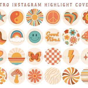 May include: Set of 18 retro Instagram highlight covers featuring various designs, including a peace sign, a rainbow, a smiley face, a flower, a mushroom, and a checkered pattern. The covers are in a variety of colors, including orange, yellow, blue, green, and red.