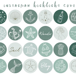 48 Nautical Instagram Highlight Cover Icons Line Art Highlight Covers Sea Green Blue Icons Ocean Instagram Stories Beach Highlight Icons