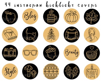 Autumn Instagram Highlight Cover Icons 44 Line Art Highlight Covers Black Gold Icons Halloween Instagram Stories Boho Fall Highlight Covers