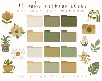 May include: 23 boho desktop icons for Mac and Windows. The icons feature a variety of designs, including plants, flowers, a camera, a sun, and a rainbow. The icons are in a variety of colors, including green, brown, and yellow.