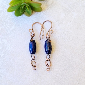 Lapis lazuli stone drops with pure copper wire and handmade hooks
