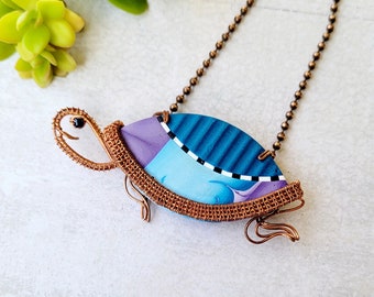 Cute turtle pendant with pure copper wire and polymer clay focal