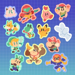 Smash Bros 64 Aufkleber- Nintendo Stickers, niedlich, tolles Geschenk, Geschenke unter 20, Gamer merch, Kirby, Pikachu, Yoshi, Mario, Metroid, earthbound