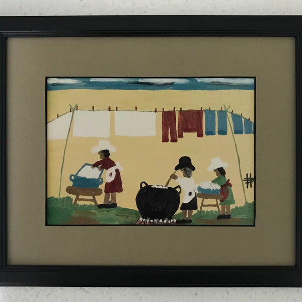 Clementine Hunter " Wash Day " Professionally framed & matted African American Folk Art Louisiana