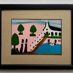 May include: A painting depicting a white church with a blue roof, surrounded by green trees and a blue body of water. People in white clothing are walking towards the church, while two people in black clothing are standing in the water.