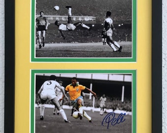 May include: A black and white photo of soccer player Pelé in action. The top photo shows Pelé kicking the ball in mid-air. The bottom photo shows Pelé dribbling the ball with his signature on the bottom right corner.