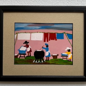 Clementine Hunter " Wash Day Clothes on the Line " Professionally framed & matted African American Folk Art Louisiana