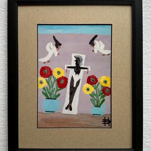 Clementine Hunter &quot; Black Jesus &quot; Professionally framed & matted African American Folk Art Louisiana