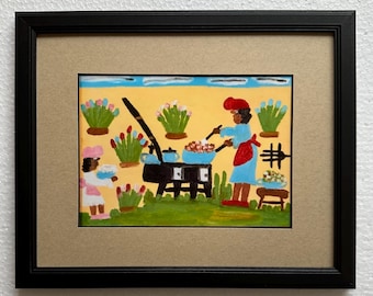 May include: A painting of two people cooking outdoors. The person in the foreground is wearing a blue dress and a red hat. The person in the background is wearing a pink dress. There are green plants and a blue sky in the background.