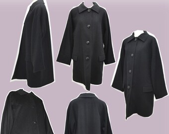 90s Gianni Versace Couture Woolen Long Coat Single Breasted Button-up Black A-line Quilted Lining Jacket Made in Italy 1990s Vintage