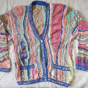 Rare Coogi Human Face Horse Flower Animal Vaporwave Pattern Multicolor Pastel Neon 3D knit Jumper Sweater Cardigan Jacket 90s 1990s Vintage image 1