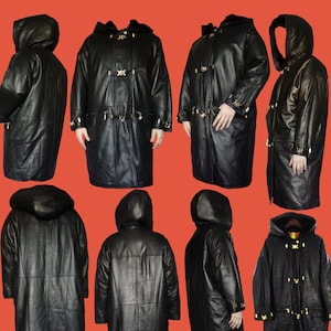 May include: Eight black leather coats with hoods and gold-toned buckles. The coats have a long, straight silhouette and are lined with a soft, warm fabric.