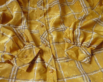 90s Golden Yellow Plaid Shining Dots Blue and White Curve Lines Print Pattern Shiny Lustrous Button up Blouse Shirt Vintage made in Japan