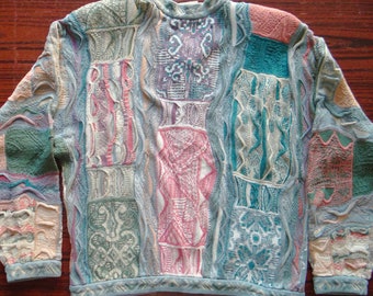 Vtg Coogi Pastel Rococo Geometric Brick Pattern Sweater Cardigan Jacket Coat Multicolor Vaporwave 3D knitted knit Women Rare Vintage 90s