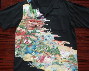 Japanese Hand Painted Kimono Remake Silk Landscape Traditional Art Hawaiian Aloha Shirt Button-up Short Sleeve Rare Genuine Japan Vintage