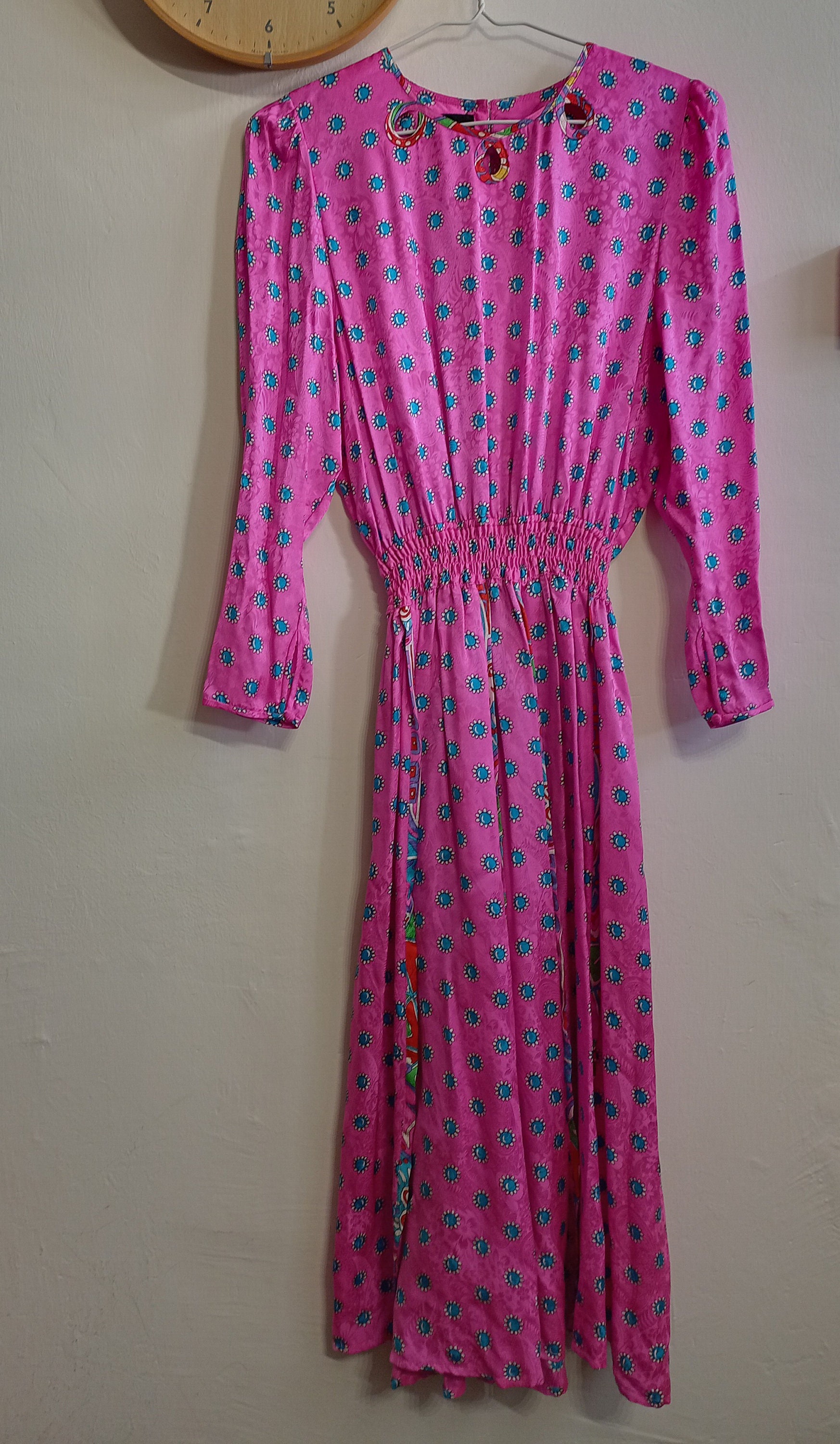 Diane Freis silk dress blue white dots paisley full pattern multicolour barbie pink long sleeves circle skirt rare vintage made in Hong Kong